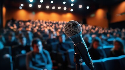 Close-up of a Single Microphone on a Stand Ready for a Speech in an Audience Setting with Blurred Faces and Soft Lighting in a Theater Environment