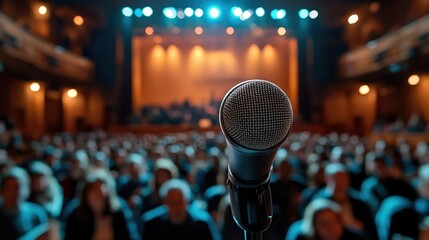 Single microphone on stand highlighted in front of an audience at a performance venue with soft lighting and clear focus on the mic