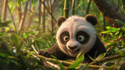 Obraz premium A fluffy baby panda sitting among bamboo leaves in the jungle