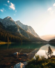 Serene Mountain Lake at Sunset with Reflection and Lush Greenery
