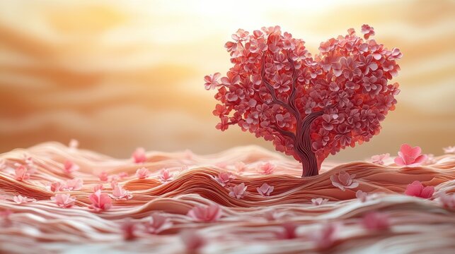 Heart-Shaped Tree with Pink Blossoms Against a Soft Background