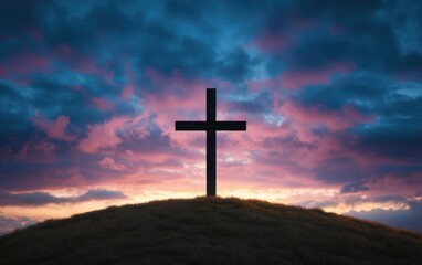 Silhouette of a Cross on a Hilltop at Sunset
