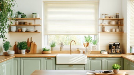 Modern kitchen, window blinds, sunlight, plants, shelves