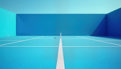 Obraz premium Minimalist tennis court arena with bright blue surface, white lines. Geometric design. Sporty, elegant backdrop. Sunny day. Suitable for game training. Active, healthy lifestyle. Clean, modern feel.