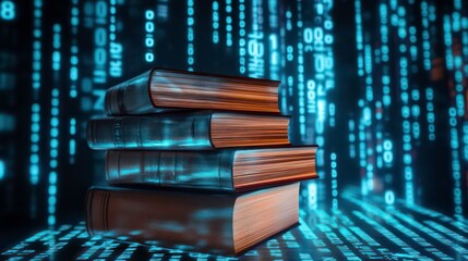 A stack of books illuminated against a backdrop of binary code, symbolizing the intersection of literature and technology.