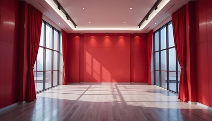 Fototapeta premium Red Room Interior Design With Large Windows And Curtains