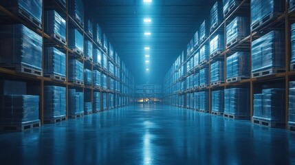 Futuristic Temperature Controlled Refrigerated Warehouse Cold Room with Transparent Plastic Pallets and Ambient Lighting