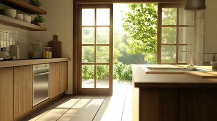 Fototapeta premium A minimal yet inviting kitchen featuring an island counter, natural wood tones, and a sliding door, blending modern design with warmth and functionality.
