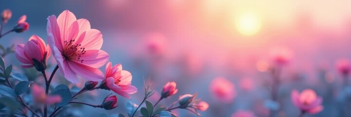 Fototapeta premium Soft pinks and blues merge with a hint of golden light, pink, nature