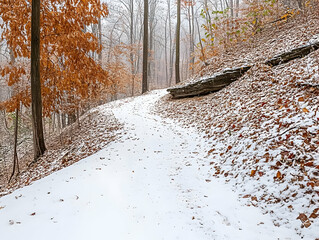 Snow-covered trail winding through autumnal forest
