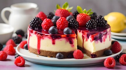 A colorful and vibrant cheesecake, bursting with fresh berries and a hint of zesty lemon.