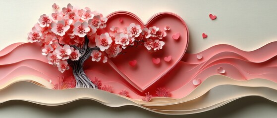 Delicate Paper Cut Art Landscape with Heart and Cherry Blossom Tree