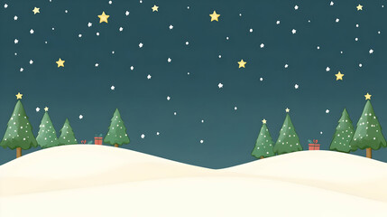 Fototapeta premium Snowy night, Christmas trees, gifts, starry sky; holiday card