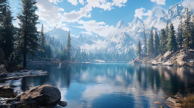 Serene mountain lake reflecting snow-capped peaks under a partly cloudy sky. - Powered by Adobe