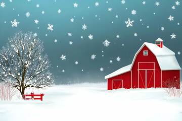 Snowy red barn winter scene, postcard