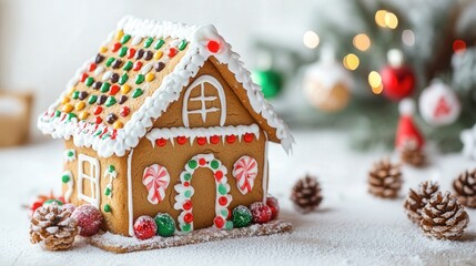 Clean white canvas showcasing a cozy gingerbread house decorated for winter, with colorful icing and festive holiday elements
