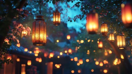 Asian lanterns glow in a tranquil garden at dusk
