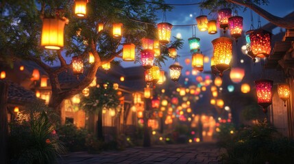 Asian night street lanterns, colorful,  charming, bokeh, pathway