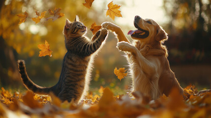 playful tabby cat and golden retriever dog interact joyfully among autumn leaves, capturing essence of friendship and fun in vibrant fall setting