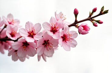 Obraz premium Close-up view of beautiful delicate pink cherry blossom flowers. Springtime blossoms on tree branch isolated against white background. Natural beauty, flora. Perfect for spring photo stock, greeting