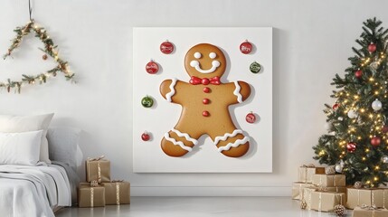 playful gingerbread Christmas dessert cartoon with holiday decorations and a big, cheerful smile