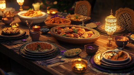 Fototapeta premium Luxurious, indoor, Middle Eastern dinner party with diverse dishes