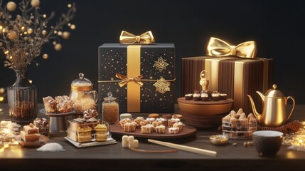 Festive holiday gifts, sweets, and tea set on dark wooden table