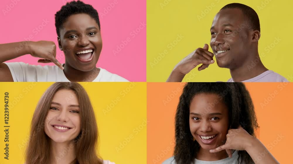 Aufkleber four individuals of diverse backgrounds express happiness and positivity through playful gestures. t