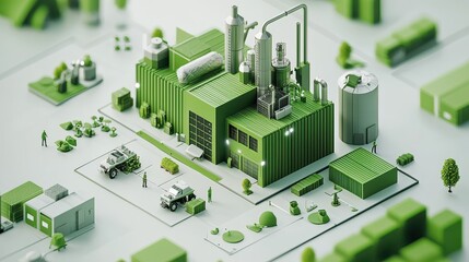 A green industrial plant with a green car and a truck in front of it