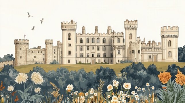 artistic illustrations of Leeds Castle architecture, highlighting its majestic castle building
