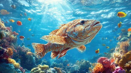 Grouper swims coral reef sunlight ocean wildlife