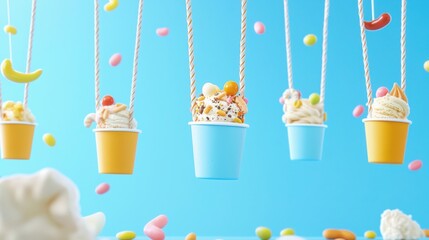 Colorful ice cream cups dangle against a bright blue background, surrounded by playful candy, creating a fun and whimsical dessert scene.