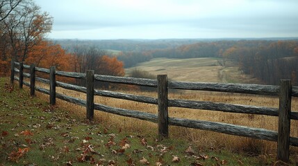 Obraz premium Autumn valley view from wooden fence, fall foliage, misty landscape