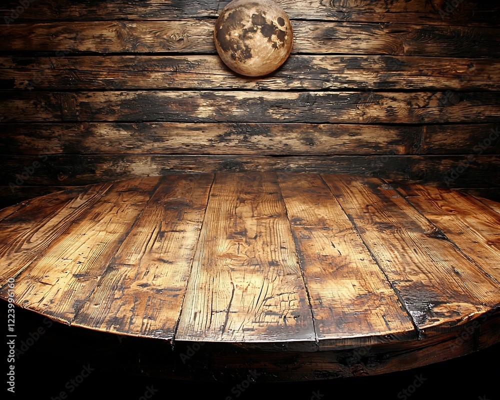 Poster rustic wooden table with moon background.