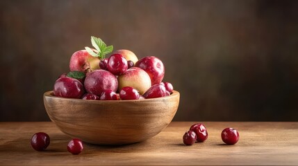 Fresh Red Plums in Wooden Bowl on Rustic Table Background