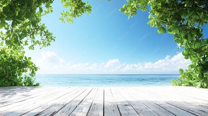 Obraz premium Tropical beach ocean view, wooden deck, summer vacation, paradise