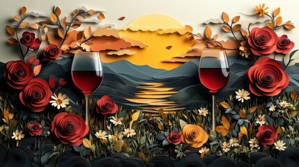 Scenic Paper Art of Flowers and Wine Glasses During Sunset