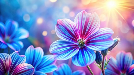 Fototapeta premium Blue Pink Stripe Wildflower Macro Photography Wallpaper Background Pattern Soft Light Floral Design