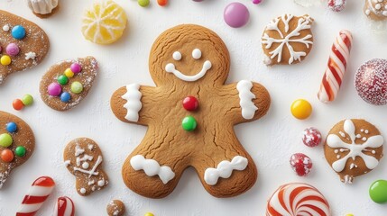 charming gingerbread Christmas dessert cartoon, complete with colorful candy decorations and a happy smile