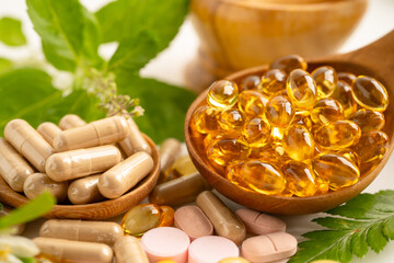 Alternative medicine herbal organic capsule, mineral, drug with herbs leaf natural supplements for...