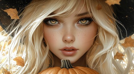 Fototapeta premium Autumn Witch Blonde Hair Pumpkin Leaves