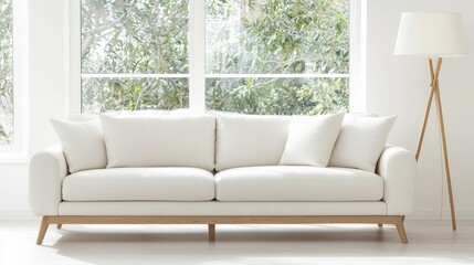 Fototapeta premium White sofa in bright living room, near window, sunlight, minimalist interior design, home decor