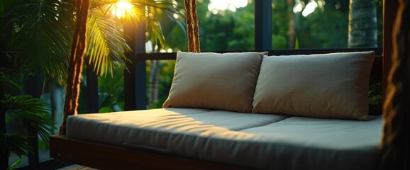 Serene Sunset Swing Bed: Tropical Relaxation