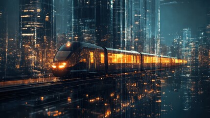 Futuristic Train Journey Through Neon Cityscape at Night