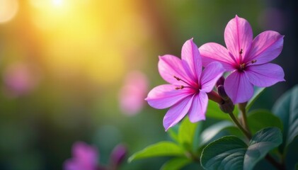 Soft plum-colored hues blending with greenery and sunlight, purple flowers, soft