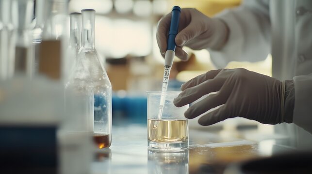 A scientist conducts an experiment, mixing liquids in a laboratory to analyze chemical reactions and properties.