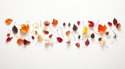 display of autumn leaves and plant art on a bright white surface, reflecting the charm of the fall season