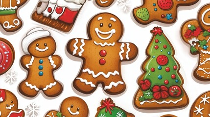 fun gingerbread Christmas dessert cartoon, featuring a variety of colorful icing and holiday-themed details