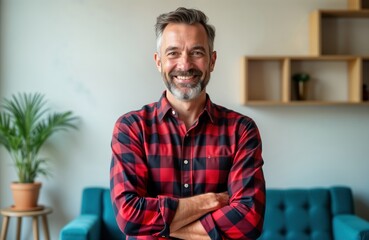 Middle-aged man poses confidently for portrait indoor shot. Man smiles warmly at camera. Wears casual plaid shirt, graying hair, beard. Stands in cozy home with teal sofa. Man exudes joy, success.