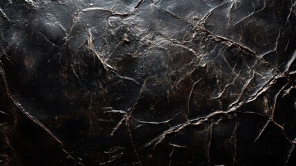 A textured black surface with cracks and creases, resembling aged leather or stone.